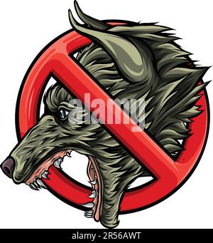 Wolf im Verbotsschild. Emblem, Silhouette eines Raubtiers. Logo für Verboten. Durchstreifende Reißzähne, Grinsen, Wolle. Isoliert auf weiß. Vektor-Illustration Stock Vektor