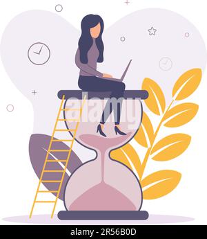 Eine Frau sitzt auf einer Sanduhr. Frau mit einem Laptop. Frau, die an einem Laptop arbeitet, während sie auf einer Sanduhr sitzt. Stock Vektor