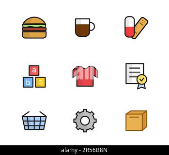 Illustration von Waren. Burger, Kaffee, Tablet und Kleber, Spielblöcke, T-Shirt, Warenkorb, Ausrüstung, Kiste, Dokument. Haushaltswaren, Kleidung, Spielzeug Stock Vektor