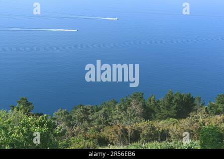 Wunderbarer Blick auf das Meer der Cinque Terre auf der Strecke zwischen Riomaggiore und Portovenere. Stockfoto