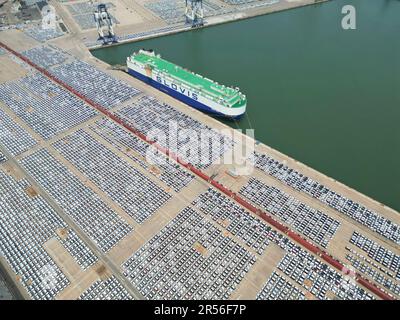 YANTAI, CHINA - 1. JUNI 2023 - Im Hafen von Yantai wird Eine große Anzahl von Exportfahrzeugen montiert, die über Ro-Ro-Schiffe in Yantai, Shandong, transportiert werden sollen Stockfoto