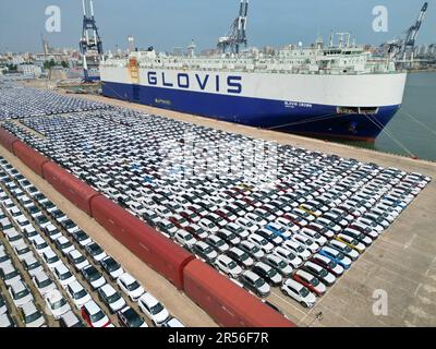 YANTAI, CHINA - 1. JUNI 2023 - Im Hafen von Yantai wird Eine große Anzahl von Exportfahrzeugen montiert, die über Ro-Ro-Schiffe in Yantai, Shandong, transportiert werden sollen Stockfoto