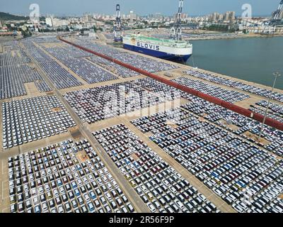 YANTAI, CHINA - 1. JUNI 2023 - Im Hafen von Yantai wird Eine große Anzahl von Exportfahrzeugen montiert, die über Ro-Ro-Schiffe in Yantai, Shandong, transportiert werden sollen Stockfoto