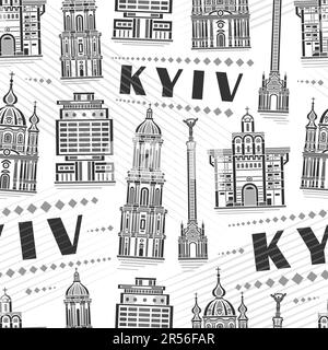 Vector Kyiv Nahtloses Muster, quadratischer, sich wiederholender Hintergrund mit Illustration der berühmten europäischen Stadt kiew auf weißem Hintergrund für Bettwäsche, Mono Stock Vektor