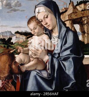 Die Jungfrau und das Kind mit einem Heiligen von Bartolomeo Montagna (c.1450-1523), Öl auf Holzplatte, c. 1483 Stockfoto