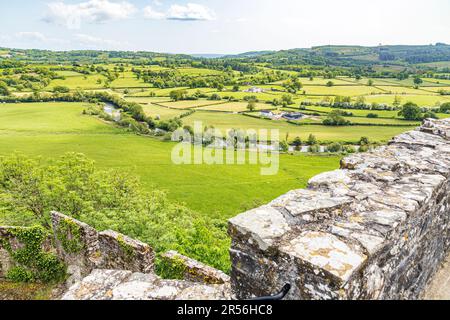 Blick auf das Tal des Flusses Towy von den Zinnen von Dinefwr Castle (Dynevor Castle), Llandeilo, Carmarthenshire, Südwestwales, Großbritannien Stockfoto