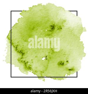 Lindgrüne Aquarellpinselstriche über quadratischem Rahmen. Ästhetischer Hintergrund. Aquarelle-Färbung mit Farbschattierungen, Farbkontur und Spritzwasser-Textur. Kunst Stock Vektor