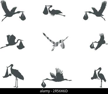 Storch trägt Babysilhouette, fliegender Storch trägt Babysilhouette, Storch Babylieder-Silhouette Stock Vektor