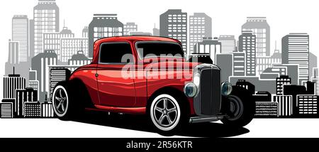 vektordarstellung eines Hot Rod Wagens mit Stadt im Hintergrund Stock Vektor