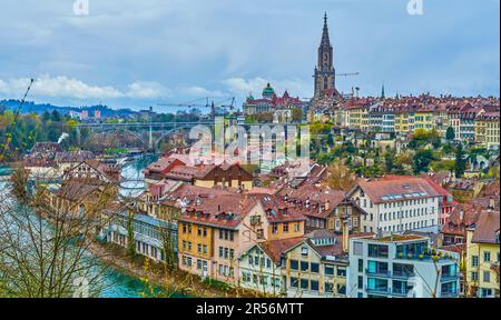 Alte Wohnhäuser im Stadtteil Mattequartier und der älteste Teil auf dem Berner Hügel in der Schweiz Stockfoto