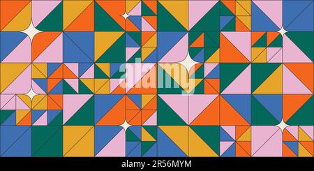 Einfaches geometrisches abstraktes Vektormuster mit verschiedenen Formen, Sternen und Regenbogenfarben. Horizontaler Hintergrund für coolen, flippigen Style. Coole Grafik Stock Vektor