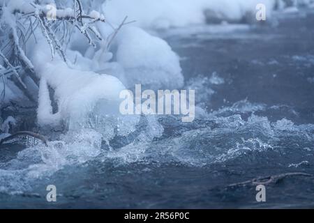 Schnee- und eisbedeckte Baumzweige auf dem gefrorenen Fluss, Nahaufnahme, Wasser fließt über Felsen und bildet Wellen und Blasen - Winterhintergrund Stockfoto