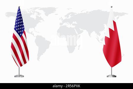 Flaggen der Vereinigten Staaten und Bahrains für offizielles Treffen vor dem Hintergrund der Weltkarte. Stock Vektor