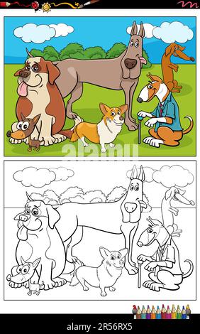 Zeichentrickfilme von lustigen Hunden und Welpen Tierfiguren bilden eine Seite zum Ausmalen Stock Vektor