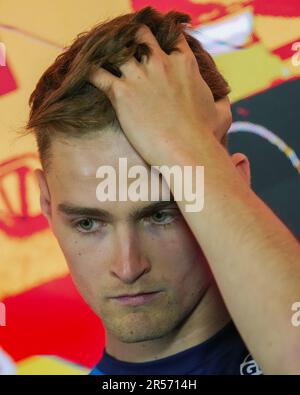 Barcelona, Spanien. 01. Juni 2023. Logan SarSergeant, Williams Racing FW45 nimmt an der Drivers Press Conference Teil, die im Vorfeld des Grand Prix F1 von Spanien am 1. Juni 2023 auf dem Circuit de Barcelona-Catalunya in Barcelona stattfindet. (Foto: Bagu Blanco/PRESSIN) Kredit: PRESSINPHOTO SPORTS AGENCY/Alamy Live News Stockfoto