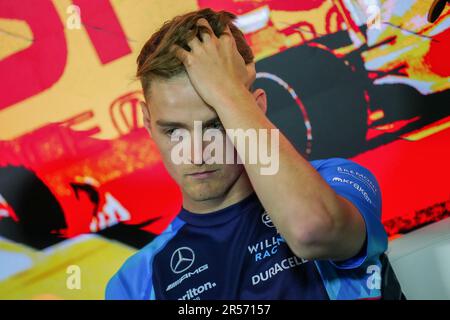 Barcelona, Spanien. 01. Juni 2023. Logan SarSergeant, Williams Racing FW45 nimmt an der Drivers Press Conference Teil, die im Vorfeld des Grand Prix F1 von Spanien am 1. Juni 2023 auf dem Circuit de Barcelona-Catalunya in Barcelona stattfindet. (Foto: Bagu Blanco/PRESSIN) Kredit: PRESSINPHOTO SPORTS AGENCY/Alamy Live News Stockfoto