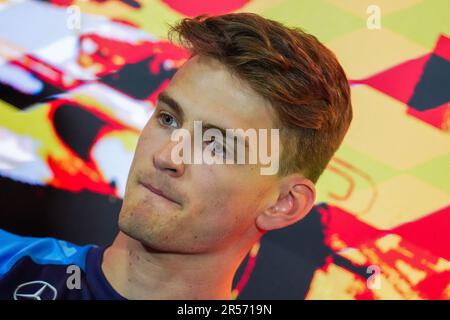 Barcelona, Spanien. 01. Juni 2023. Logan SarSergeant, Williams Racing FW45 nimmt an der Drivers Press Conference Teil, die im Vorfeld des Grand Prix F1 von Spanien am 1. Juni 2023 auf dem Circuit de Barcelona-Catalunya in Barcelona stattfindet. (Foto: Bagu Blanco/PRESSIN) Kredit: PRESSINPHOTO SPORTS AGENCY/Alamy Live News Stockfoto