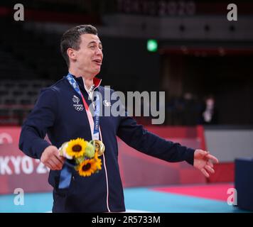 7. AUGUST 2021 – Tokio, Japan: Jenia GREBENNIKOV von Team France gewinnt die Goldmedaille beim Volleyball Men's Tournament bei den Olympischen Spielen 2020 in Tokio (Foto: Mickael Chavet/RX) Stockfoto