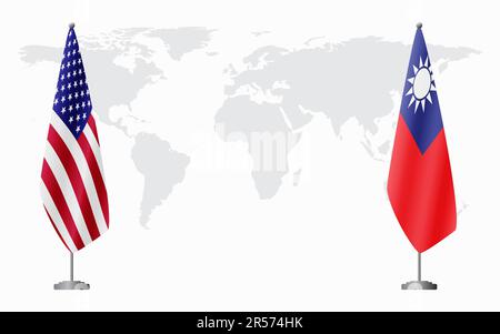 Flaggen der Vereinigten Staaten und Taiwans für eine offizielle Tagung vor dem Hintergrund der Weltkarte. Stock Vektor