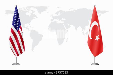 Flaggen der Vereinigten Staaten und der Türkei für offizielles Treffen vor dem Hintergrund der Weltkarte. Stock Vektor