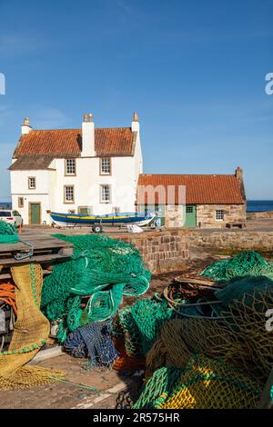 Weiße traditionelle Häuser mit Pfannenantilen am Hafen von Pittenweem, Fife, Schottland Stockfoto