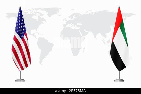 Flaggen der Vereinigten Staaten und der Vereinigten Arabischen Emirate für offizielles Treffen vor dem Hintergrund der Weltkarte. Stock Vektor