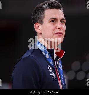 7. AUGUST 2021 – Tokio, Japan: Jenia GREBENNIKOV von Team France gewinnt die Goldmedaille beim Volleyball Men's Tournament bei den Olympischen Spielen 2020 in Tokio (Foto: Mickael Chavet/RX) Stockfoto