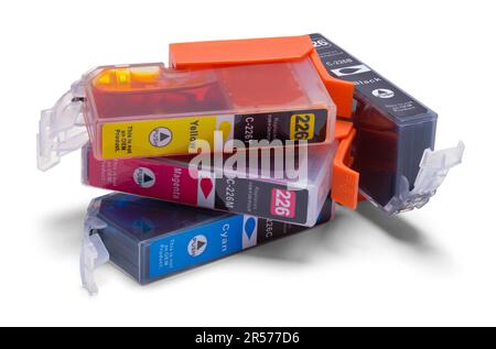 Der Stapel der Computer-Tintenpatronen ist auf Weiß ausgeschnitten. Stockfoto