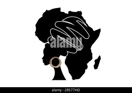 Afrika-Mutterland, afrikanisches Frauenporträt in ethnischem Turban, Silhouette, afrikanische Kontinentalkarte. National Black History Month. Urlaubskonzept. Afro-Logo Stock Vektor