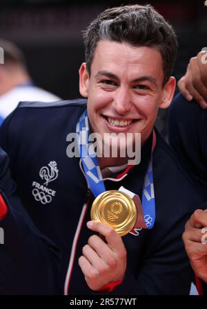 7. AUGUST 2021 – Tokio, Japan: Jenia GREBENNIKOV von Team France gewinnt die Goldmedaille beim Volleyball Men's Tournament bei den Olympischen Spielen 2020 in Tokio (Foto: Mickael Chavet/RX) Stockfoto