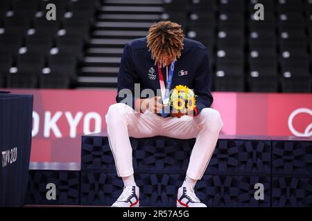 7. AUGUST 2021 – Tokio, Japan: Barthelemy CHINENYEZE von Team France gewinnt die Goldmedaille im Volleyball Men's Turnier bei den Olympischen Spielen 2020 in Tokio (Foto: Mickael Chavet/RX) Stockfoto