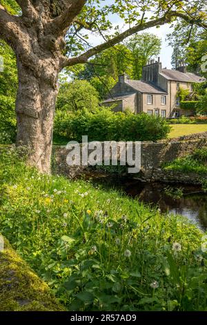 Das kleine Yorkshire Dorf Clapham mit einer historischen Steinbrücke und dem Clapham Beck. Stockfoto