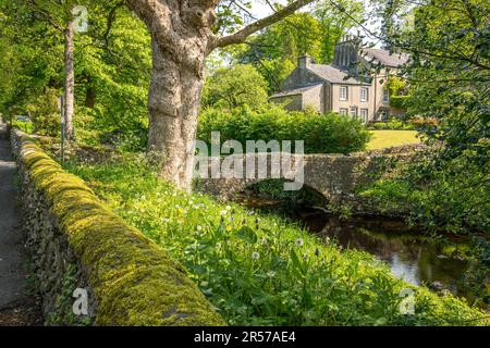 Das kleine Yorkshire Dorf Clapham mit einer historischen Steinbrücke und dem Clapham Beck. Stockfoto