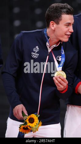 7. AUGUST 2021 – Tokio, Japan: Jenia GREBENNIKOV von Team France gewinnt die Goldmedaille beim Volleyball Men's Tournament bei den Olympischen Spielen 2020 in Tokio (Foto: Mickael Chavet/RX) Stockfoto