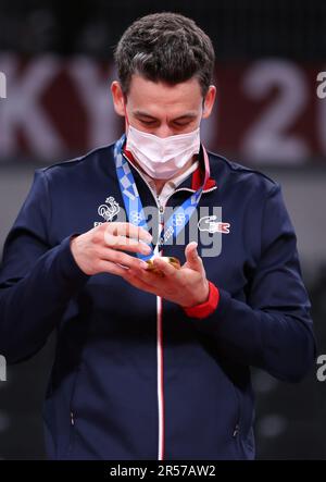 7. AUGUST 2021 – Tokio, Japan: Jenia GREBENNIKOV von Team France gewinnt die Goldmedaille beim Volleyball Men's Tournament bei den Olympischen Spielen 2020 in Tokio (Foto: Mickael Chavet/RX) Stockfoto