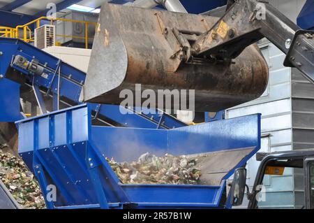 Bagger, der Müll in eine Abfallverwertungsanlage lädt, sortiert Abfall, Umweltprobleme. Abfallsortieranlage, Abfallsortieranlage Stockfoto