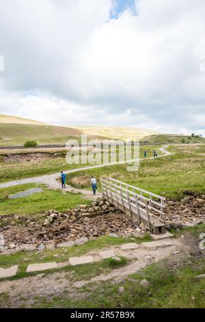 Wanderer auf dem Fußweg zu Whenside, einem der drei Gipfel in Yorkshire. Stockfoto