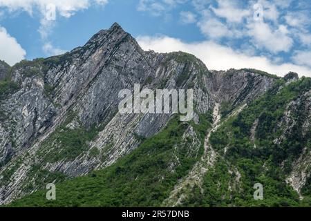 Ausflug zum Chiampon. Blick von unten ab Sella Sant'Agnese, Gemona. Der Gipfel kann vom Foredor-Sattel entlang der CAI erreicht werden Stockfoto