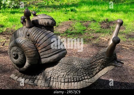 Riesige hölzerne Schneckenskulptur, das Arboretum, Bute Park, Cardiff. Stockfoto