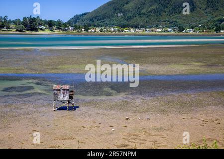 Alte hölzerne Fischerhütte auf Stelzen am Kairua Inlet Stockfoto