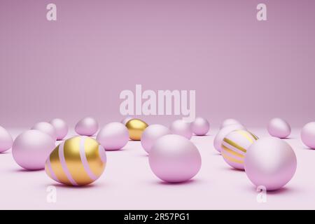 Viele rosa Ostereier auf rosa Hintergrund, moderner Osterhintergrund, 3D Rendering Stockfoto