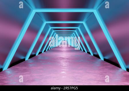 Korridor mit blauer und pinker Beleuchtung, 3D Rendering Stockfoto