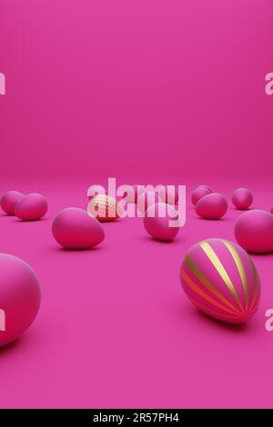 Viele rosa Ostereier mit goldenem Ei auf rosa Hintergrund, moderner Osterhintergrund, 3D Rendering Stockfoto
