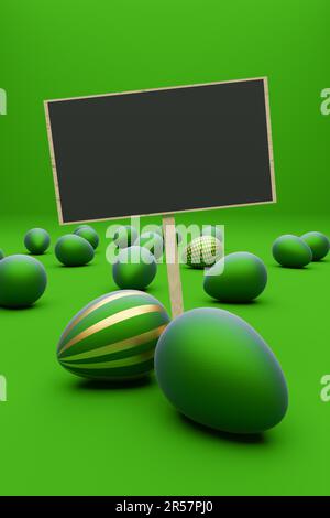 Viele grüne Ostereier mit goldenem Ei auf grünem Hintergrund, moderner Osterhintergrund, 3D Rendering Stockfoto