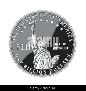 Flache Ikone im Metallic-Stil mit einer 1-Millionen-Dollar-Münze der Vereinigten Staaten von Amerika, USA. Die Freiheitsstatue wird von vorne mit Wort betrachtet Stockfoto