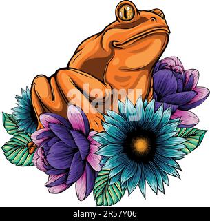 Frosch mit Augen, der auf der Vektor-Illustration des Blattes der Wasserlilie-Blume sitzt Stock Vektor