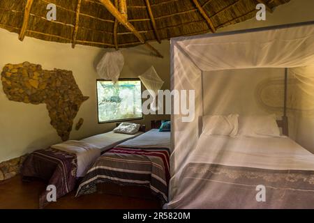 Schlafzimmer im Rundhaus der Kutchire Lodge. Die Betten sind alle mit Moskitonetzen ausgestattet. In den Baumhäusern der Kutchire Lodge sind Sie in der Nähe der Big Five Tag und Nacht. Nationalpark Malawi Liwonde Stockfoto