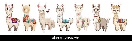 Süßes Cartoon-Lama-Alpaka-Vektor-Cartoon-Set. Stock Vektor
