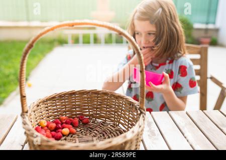 Kaukasisches Kindermädchen, das Beeren aus einem Korb Himbeeren im Garten isst. Vertikaler Schuss. Stockfoto