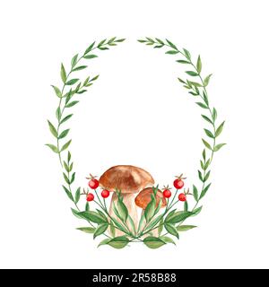 Aquarelle Waldkranz mit grünen Zweigen, roten Beeren und Pilzen. Handbemalter Rahmen mit wilden Pflanzen. Blumenzeichnung für Grußkarten Stockfoto